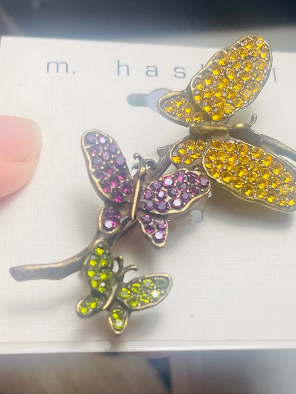 Multicolor Crystal Butterfly Brooch Trio - Yellow, Pink & Green